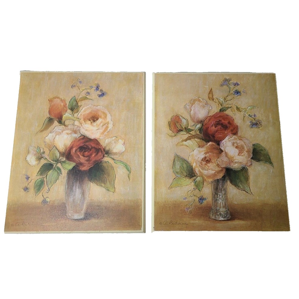 VTG A. Pritchard Roses In Vase Art Print On Wood Wall Decor 2 Pc Set Cottagecore